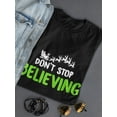 thumbnail image 3 of Don't Stop Believing Santa Sleigh Christmas Women Black T-Shirt, Female Small, 3 of 4