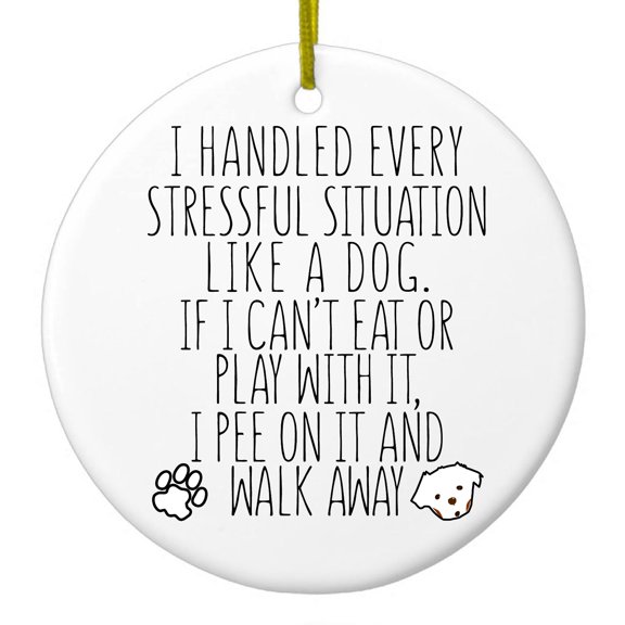 DistinctInk Hanging Ceramic Christmass Tree Ornament with Gold String - Great Gift / Present - 2 3/4 inch diameter - Can't Eat or Play, Pee and Walk Away - Dog Lover