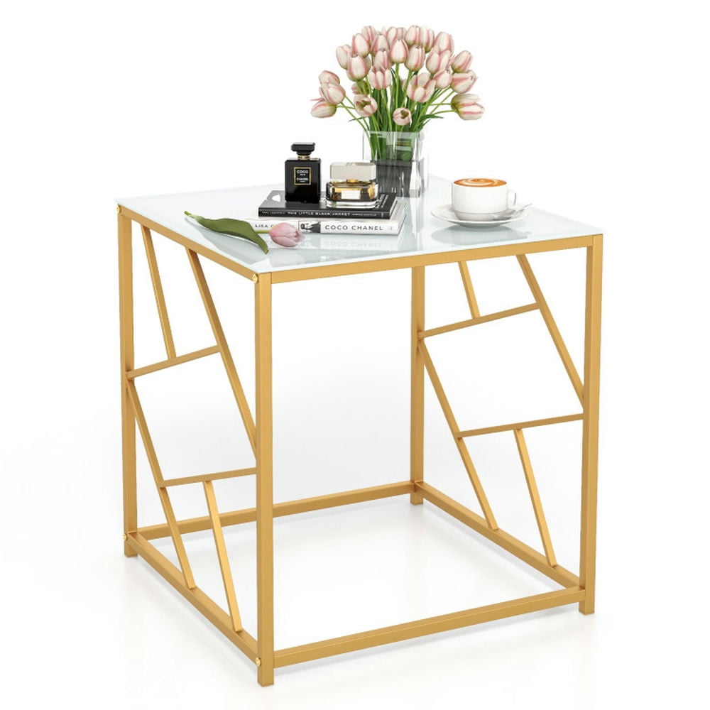 Finihen End Table, Tempered Glass End Table, Square End Table with Tempered Glass Tabletop and Gold Finish Geometric Frame, for Living Room, Bedroom, White & Gold Finihen End Table, Tempered Glass End Table, Square End Table with Tempered Glass Tabletop and Gold Finish Geometric Frame, for Living Room, Bedroom, White & Gold