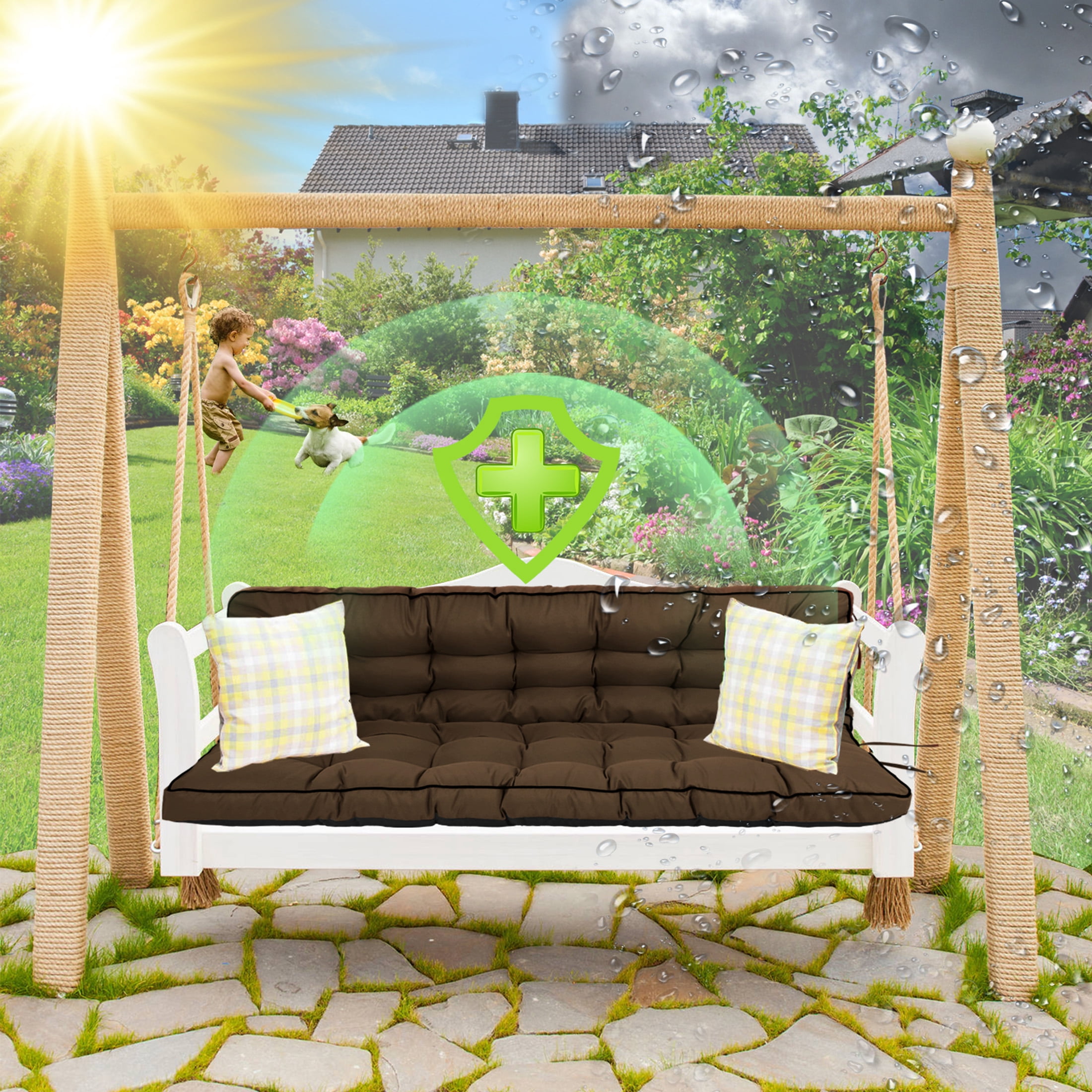 Porch Swing Cushion Thicken 4", 55" Swing Cushions 2-3 Seater Replacement, Waterproof Bench Cushions with Backrest, Anti-Fading Patio Swing Chair Pads for Outdoor Garden Furniture