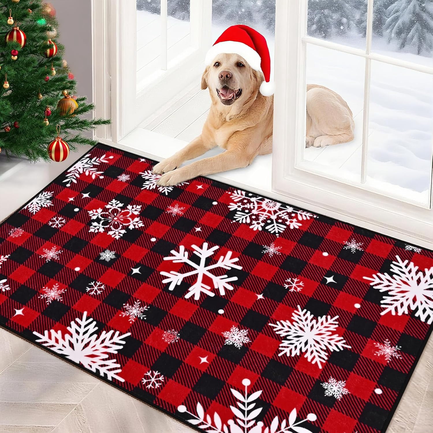 Bleum Cade Christmas Snowflake Area Rugs 2x3 Entryway Rug, Red Buffalo Plaid Non Slip Washable Door Mat,Outdoor Indoor Welcome Mat for Entrance,Christmas Decorations