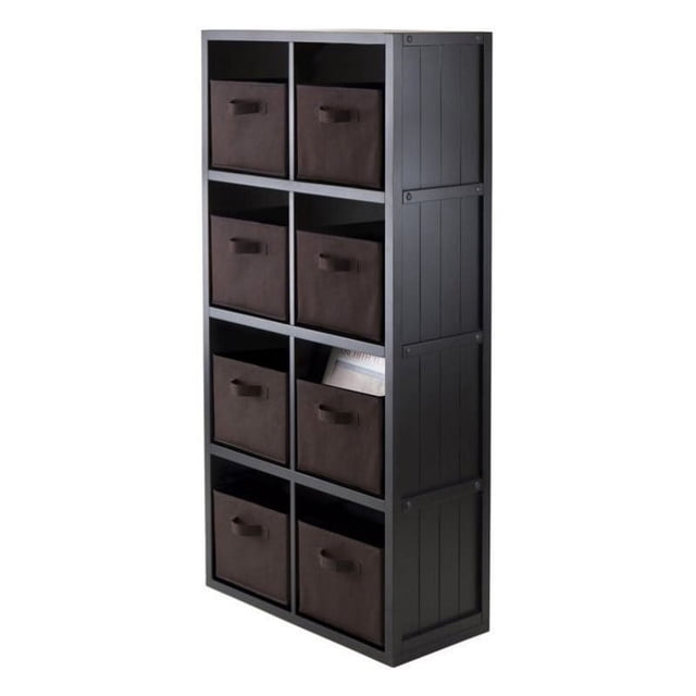 Pemberly Row Engineered Wood 9Pc 4x2 Wainscoting Shelf with 8 Baskets in Black