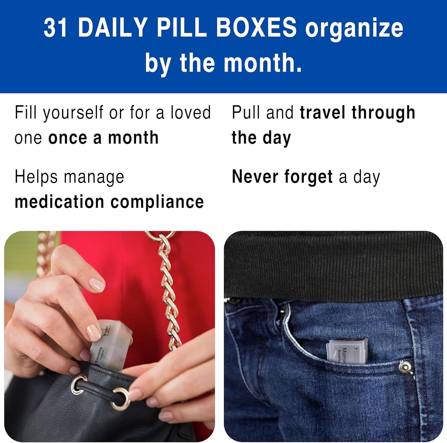 FSA/HSA Medcenter Monthly Medication Organizer, 31-Day Pill Box with 4 Daily Compartments (Extra Large)