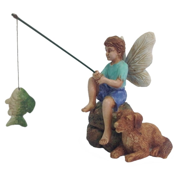 Miniature Fishing Fairy Boy and Dog Garden Ornament Mini Dollhouse Decor Accessory