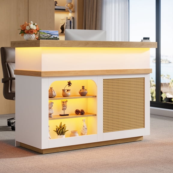 Linnnzi Reception Desk with LED Lights, Lockable Drawers & Cabinet, and Open Shelves – 63.6" Modern Wood Counter Table for Office, Hotel Lobby, Salon, Clinic, Retail Store, and Corporate Front Desk