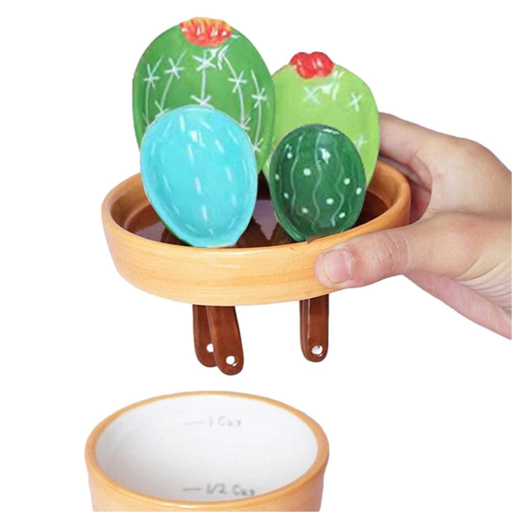4Pcs Porcelain Measuring Spoons Set With Base Cute Cactus Shape