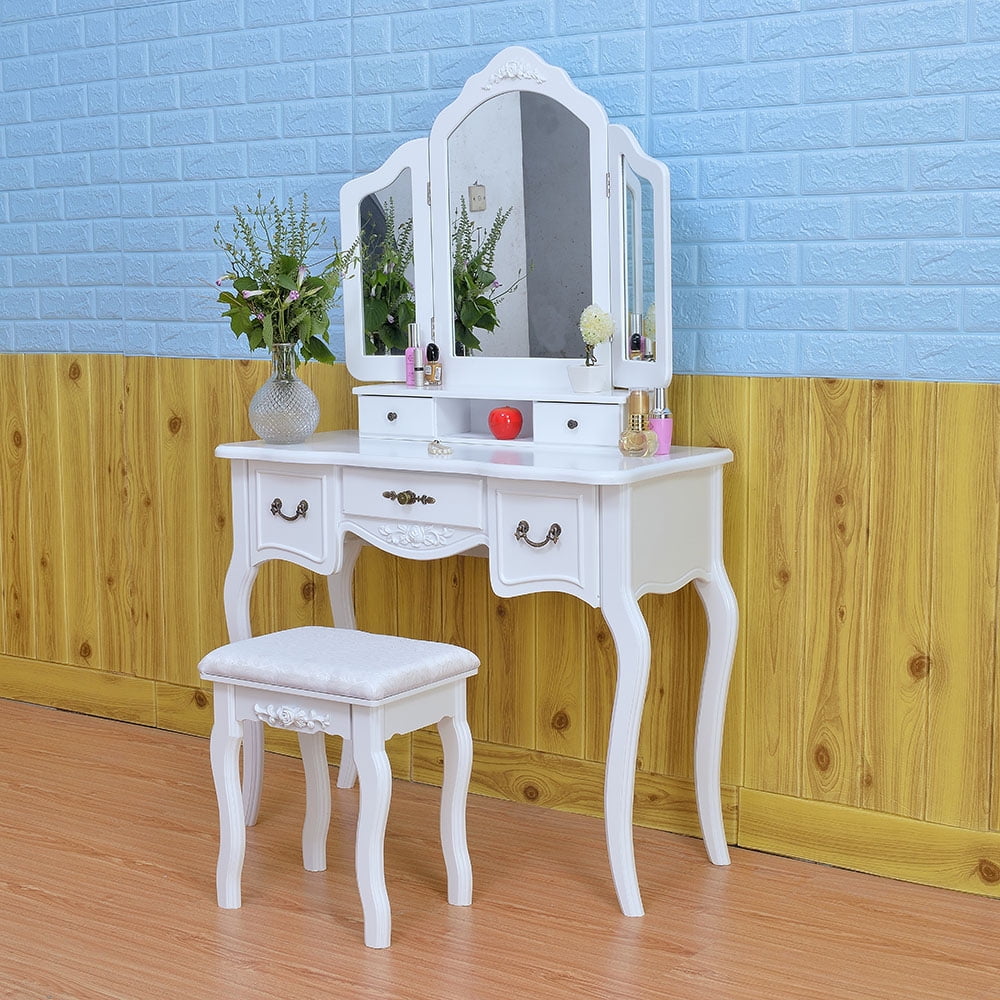 Kepooman Vanity Table Set, Tri-fold Mirror Dresser Table with Dressing Stool, White Kepooman Vanity Table Set, Tri-fold Mirror Dresser Table with Dressing Stool, White