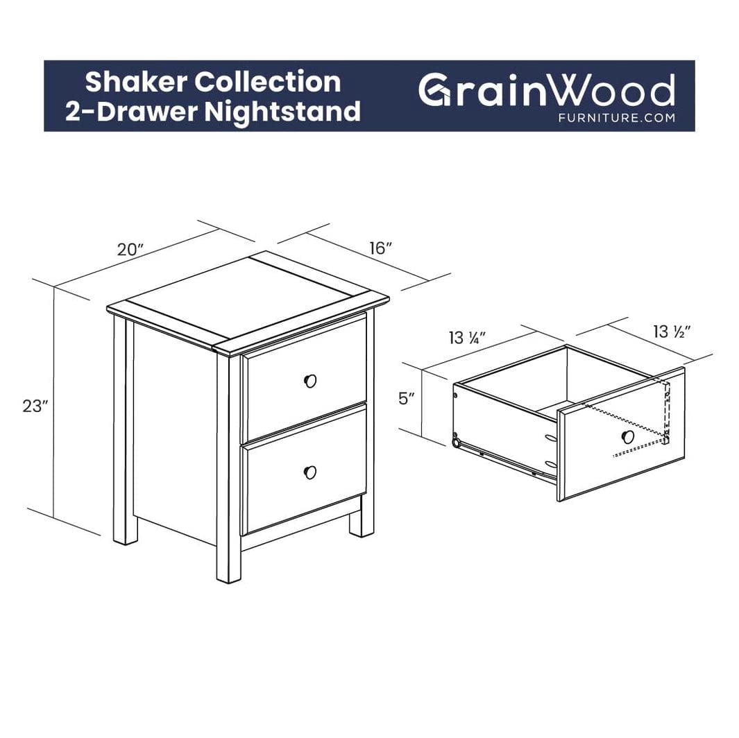 Grain Wood Furniture Shaker 2-Drawer Bedside Nightstand, Solid Wood with Expresso Finish