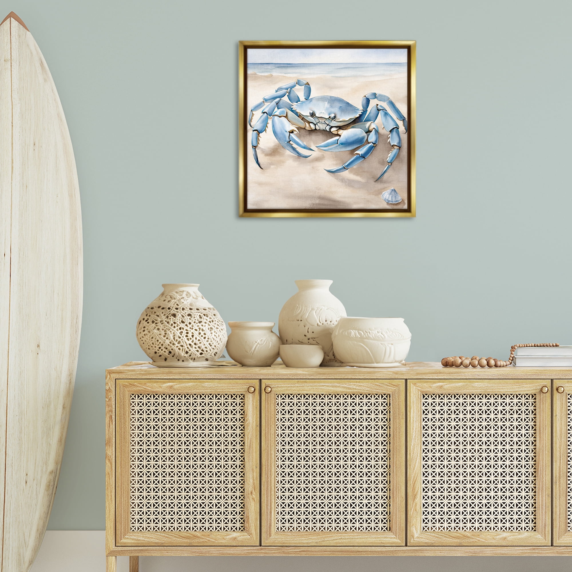 Stupell Industries Blue Crab on Beach Animals & Insects Painting Gold Floater Framed Canvas Art Print Wall Art, 25 x 25
