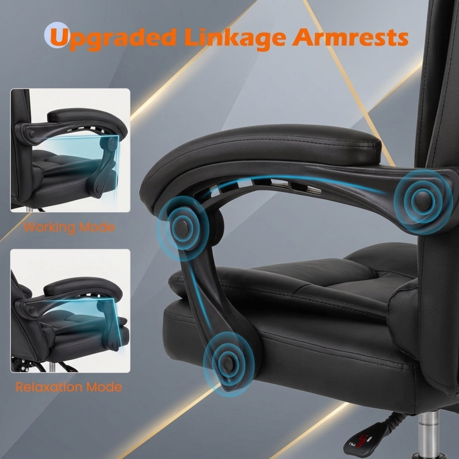 Furnibear High Back Executive Office Chair with Linkage Armrests Reclining Backrest PVC Leather Seat and Swivel Base for Home Office, Black