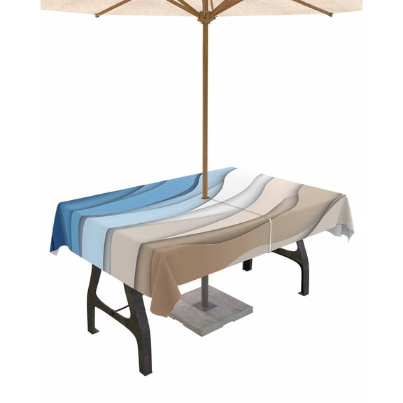 Outdoor Tablecloth with Umbrella Hole for Patio/Picnic/Party/Camping, Blue Brown Waterproof Table Cloth Rectangle Table Cover Washable, Gradient Geometric White Water Stripes Modern 54"x 80"