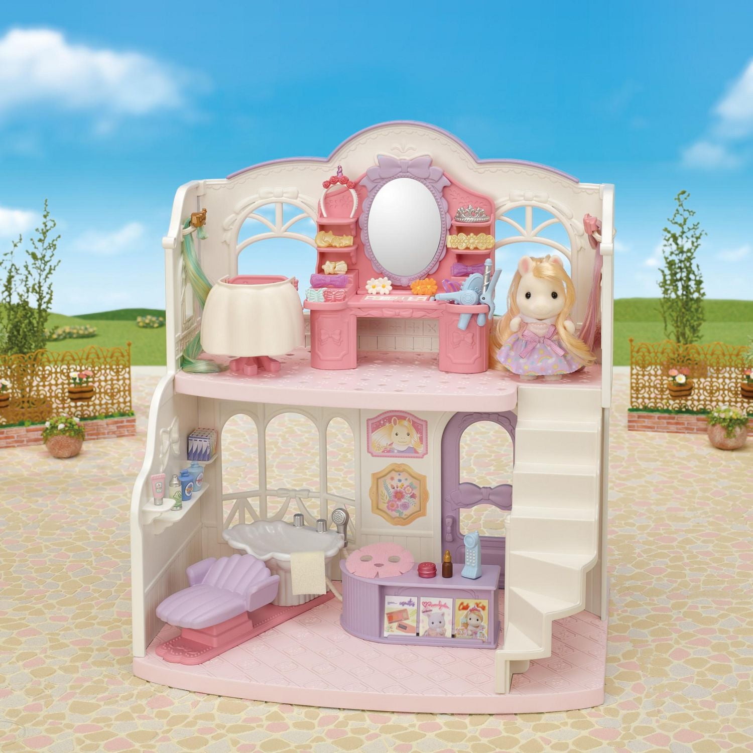 Salon de coiffure élégant de Calico Critters Pony, ensemble de jeu de maison de poupée avec figurine et accessoires