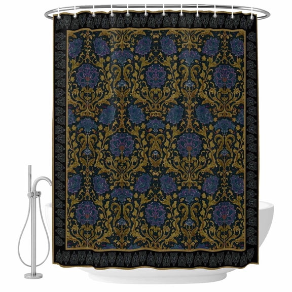 Extra Long Shower Curtain 72x96 Inch, Vintage Navy Blue Roses Shower Curtain Waterproof Bathroom Decor, Abstract Art Floral Green Leaves Fabric Bath Curtain Set Accessories with Hooks