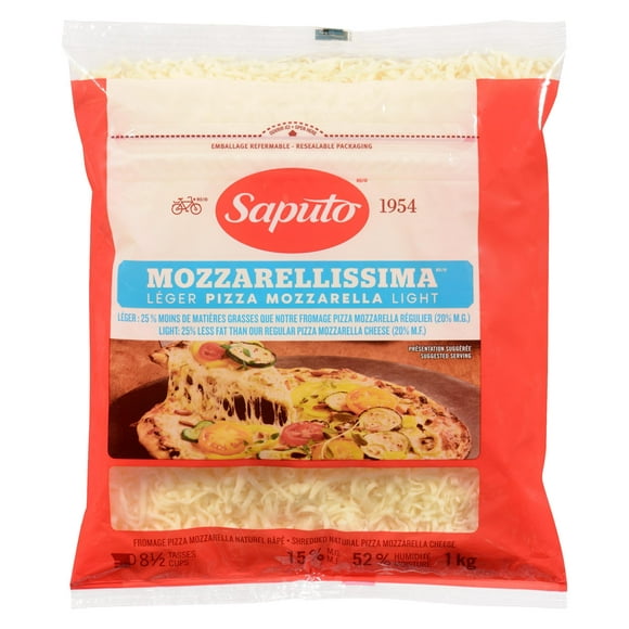 Saputo fromage pizza mozzarella râpé Mozzarellissima léger 1 kg
