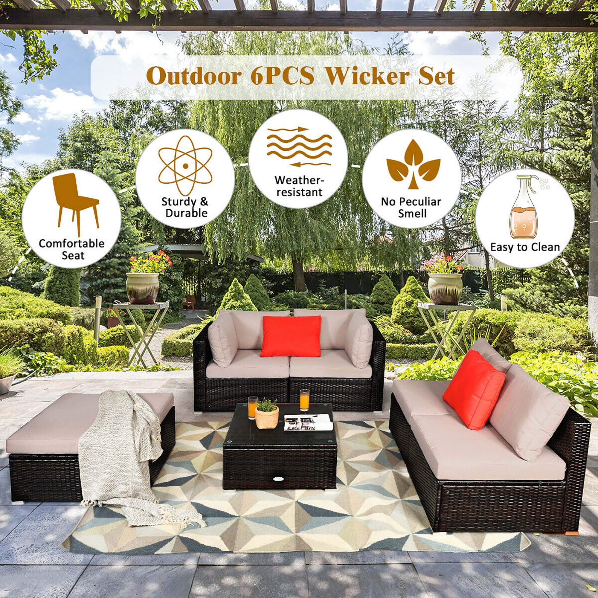 Costway 6PCS Outdoor Patio Rattan Furniture Set Cushioned Sectional Sofa Ottoman