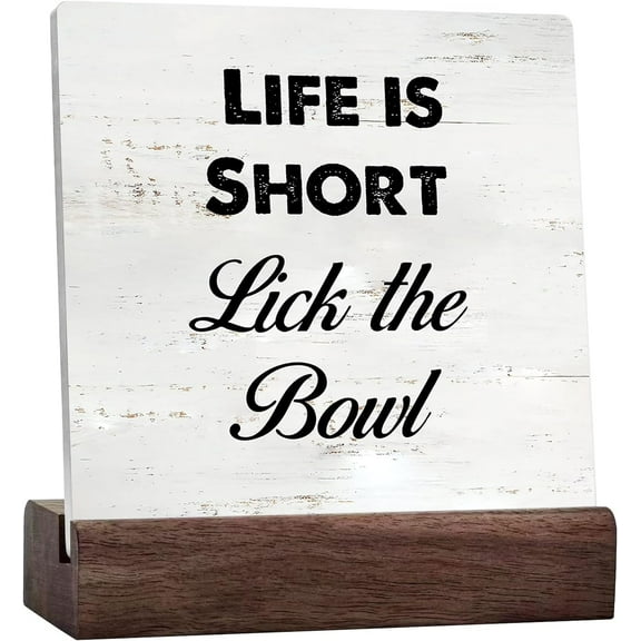 Funny Kitchen Ceramic Table Sign Desk Decor Life Is Short Lick The Bowl Wood Block Plaque Box Signs With Quotes Rustic Box Sign For Home Living Room Shelf Table Decoration