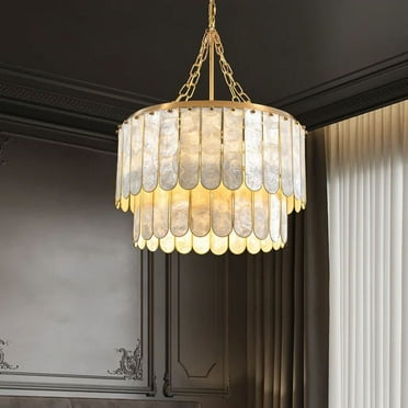 Homary Enseo Coastal 5-Light Pendant Light Capiz Shell 2 Tiered Faceted Chandelier Gold White