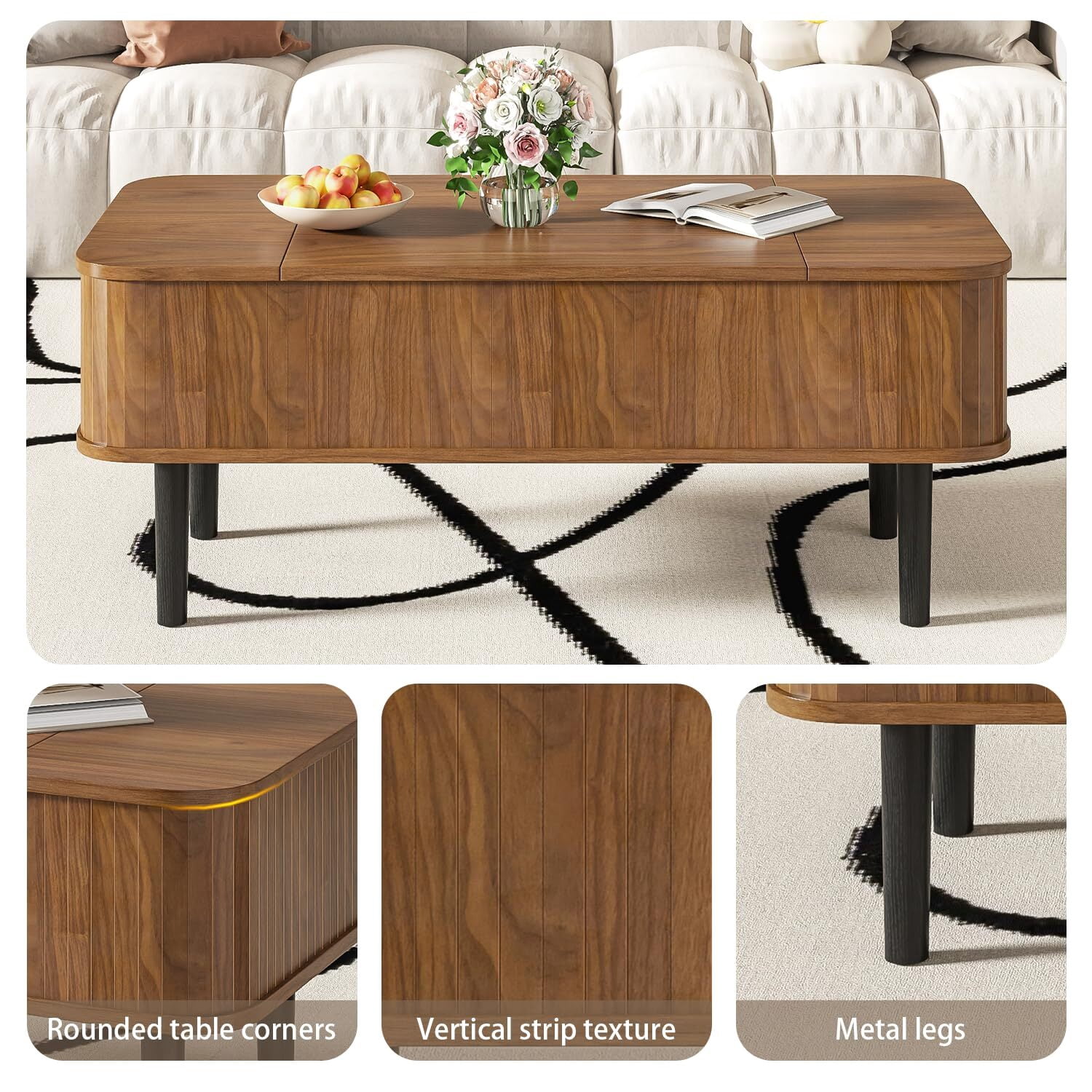 Fsbecl Mid-Century Modern Wood Coffee Table with Storage, Rectangle, Brown