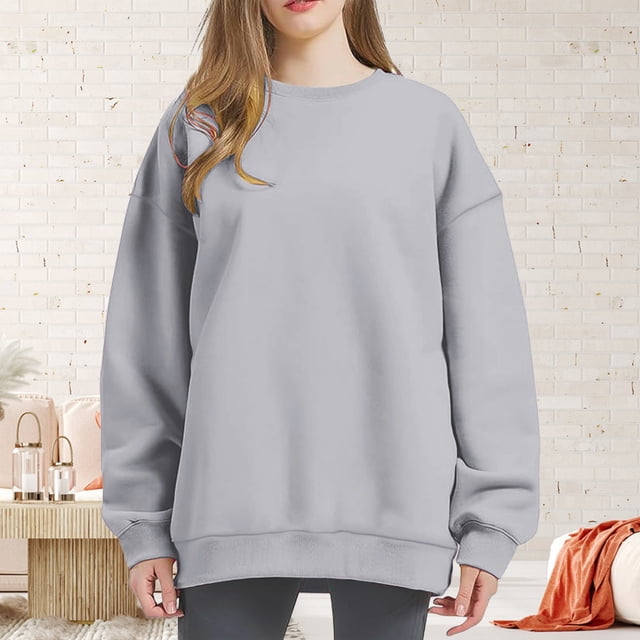 Pxiakgy Vente Chaude!! Sweatshirts Oversize pour Femmes, Sweats à Capuche, Pulls Col Rond, Hauts Décontractés, Tenues de Mode Printemps Automne, Vêtements de Sport Couleur Unie 2025, Veste Sweat-Shirt Pantalon Gris L