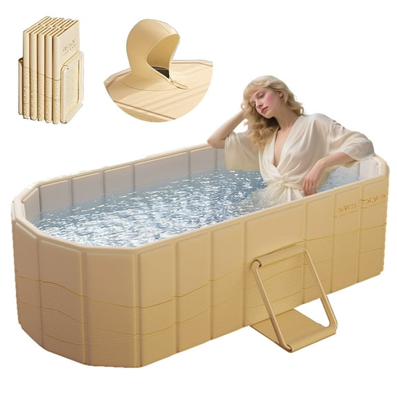 MINGYI 47'' Portable Bathtub for Adult, Inflation-free Bathtub for shower, Hot Ice Collapsible Tub for 2 People, for Bathroom Home & Outdoor (with Cover,Yellow)