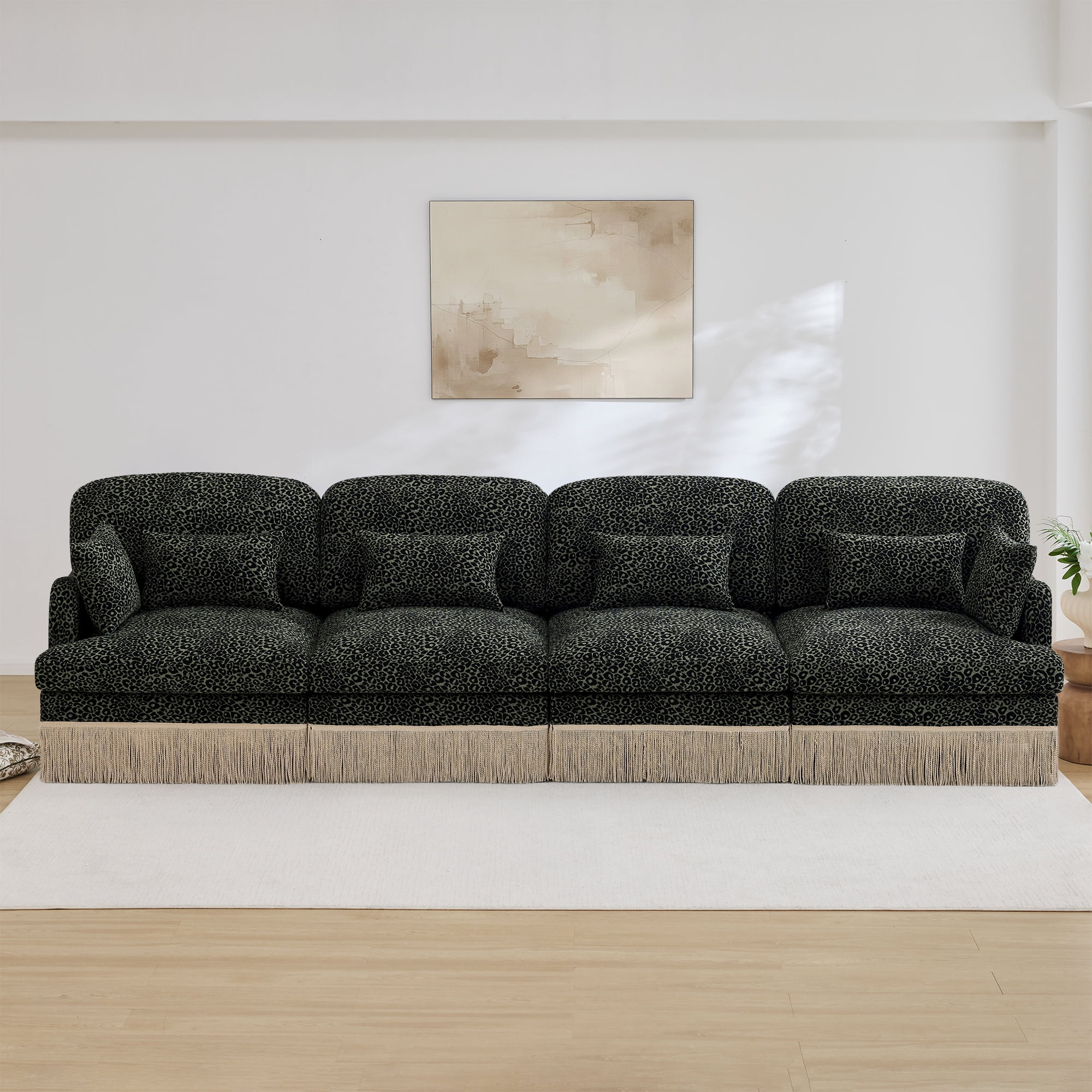 131" Chenille Leopard Tassel Deep Seat 4 Seater Sofa Couch with 6 Throw Pillows