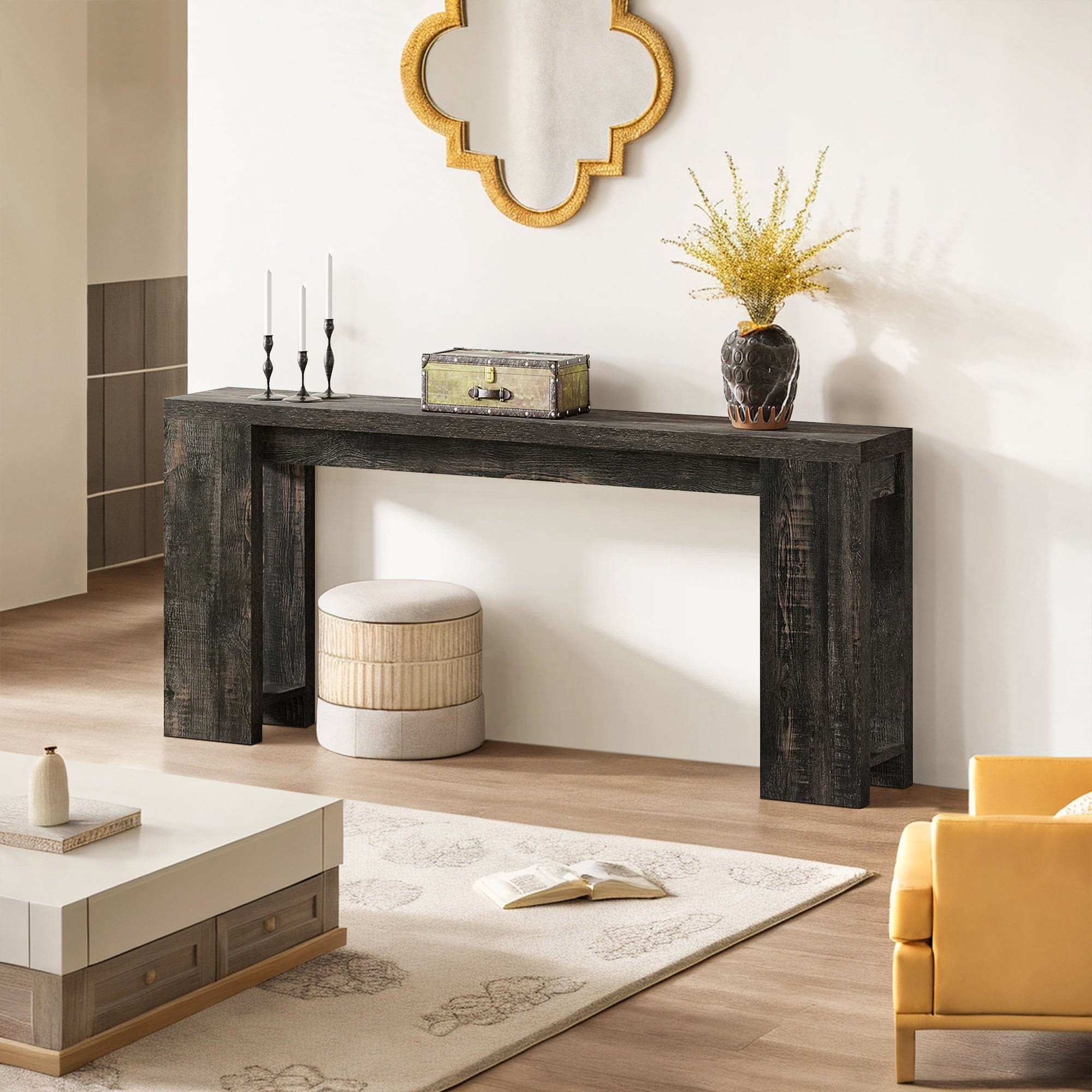 Demi Bonn 70.9" Wood Console Table, Farmhouse Sofa Table Entryway Table with Storage, Foyer Display Table, Black