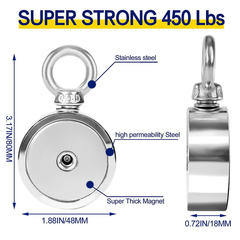 350-1300LBS Single Ring Fishing Magnet Kit Pull Force Heavy Duty Strong  Neodymium Magnet 1300LBS