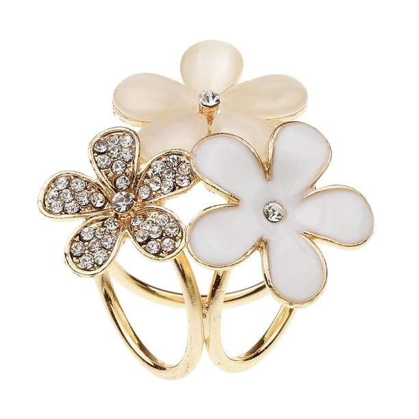 Mujeres 3 anillos bufandas de seda Clip esmalte flores cristal bufanda anillo suave hebilla Blanco jinwen Hebilla de bufanda de flores
