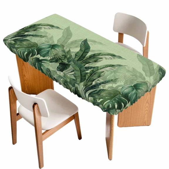 Palm Leaves Tropical Table Cloths for 5 Foot Rectangle Tables, Green Botanical Summer Green Ombre Patio Waterproof Elastic Fitted Tablecloths, Washable Rectangular Table Cover for Camping