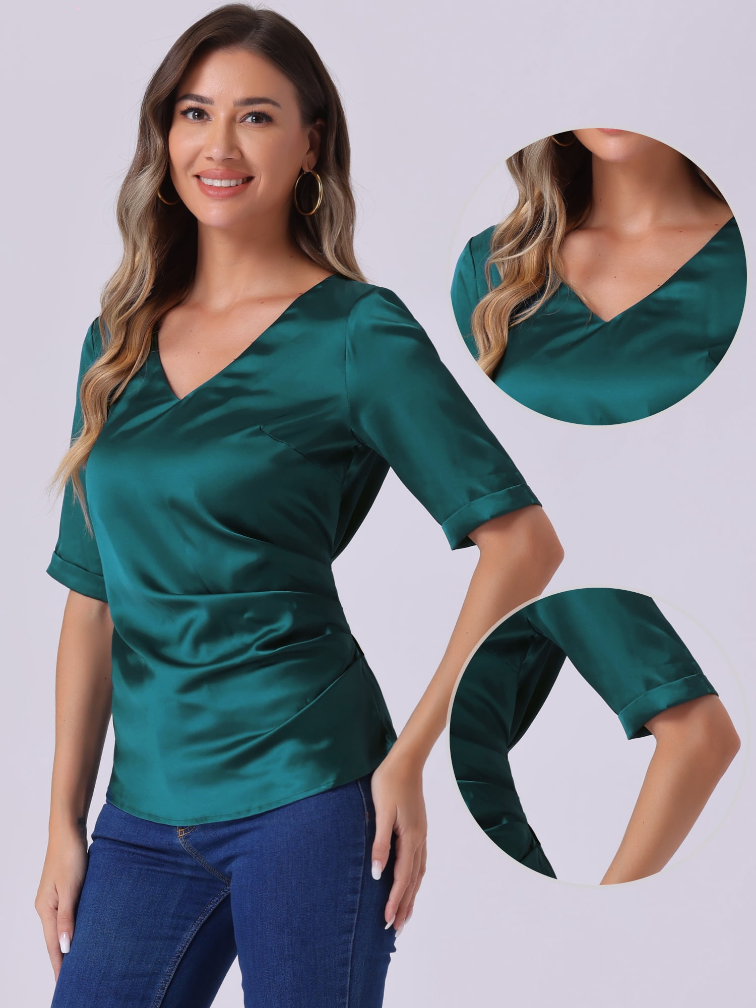 DARING DIVA Women's Satin V Neck Short Sleeve Ruched Tie Back Tops S Blue Green