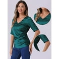 thumbnail image 2 of DARING DIVA Women's Satin Blouse Ruched Tie Back Office Tops XL Blue Green, 2 of 6
