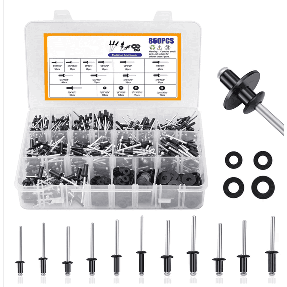 Navellon 860pcs Pop Rivet Assortment Kit, Black Aluminum Rivets 3/32"-3/16" 11 Sizes with Washers for Furniture/Metal/Automotive