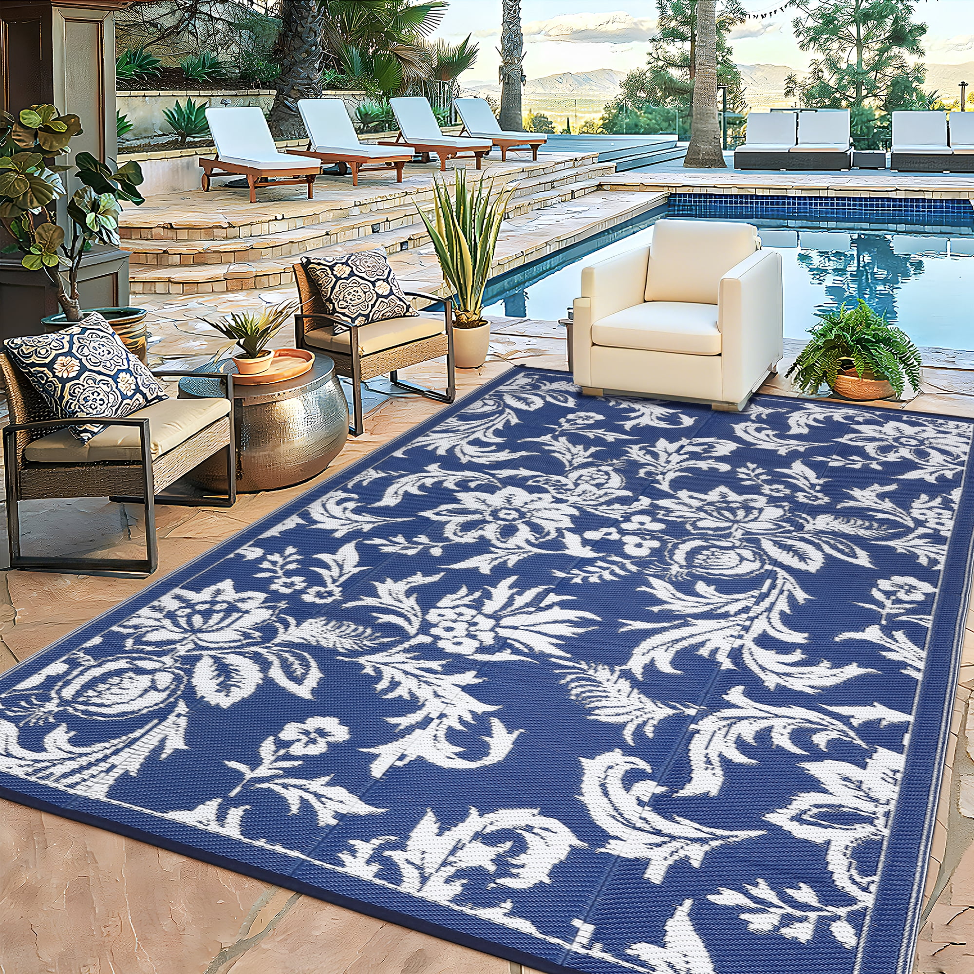 Waterproof Outdoor Rug 8x10 FT Reversible Plastic Straw Patio Mat, Lightweight Foldable Area Rug for RV Camping, Deck, Backyard, Porch, Beach, Picnic, Dark Blue & White