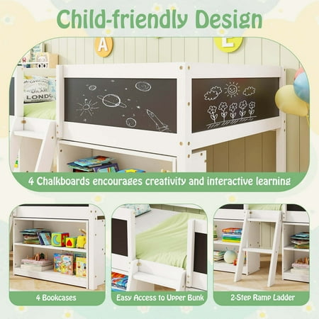 Costway Twin Size Low Loft Bed with Ramp Ladder & Bookcases Full-length Safety Guardrail - White