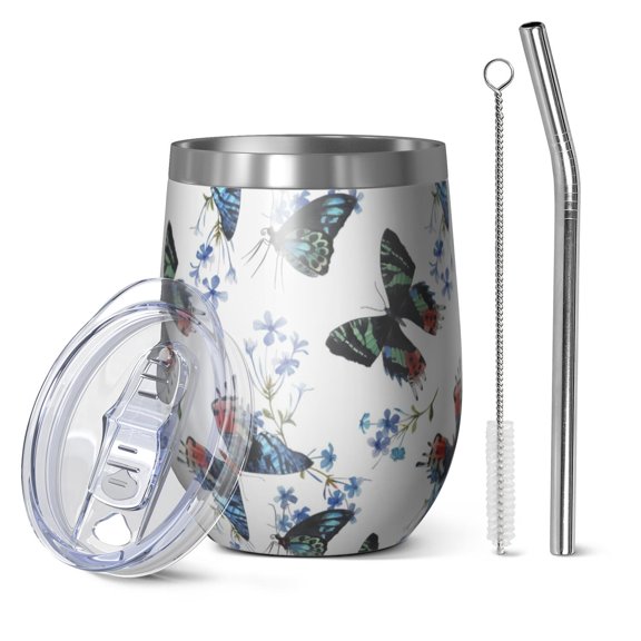 12oz Stemless Wine Tumblers White Butterfly Blue Flower Pattern Vacuum Insulated Stainless Steel Travel Tumbler Cups Mug with Lid and Straw for Champaign,Cocktail,Beer with Cleaning Brush