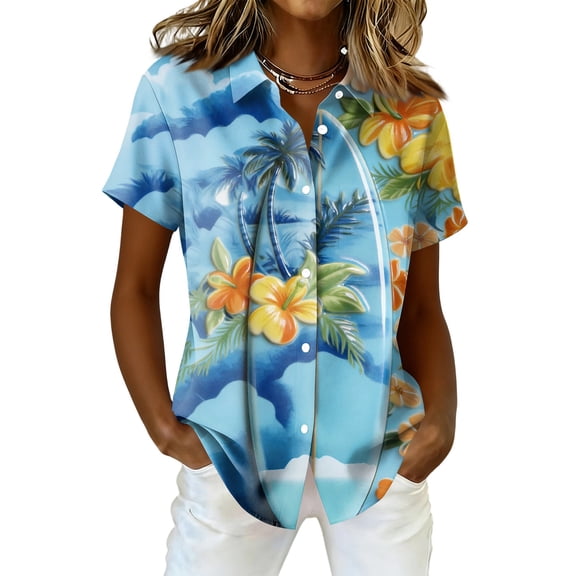 Hawaiian Shirt for Women Dressy Floral Printed Short Sleeve Button Down Blouse Soft Cool Summer Hawaii Shirts