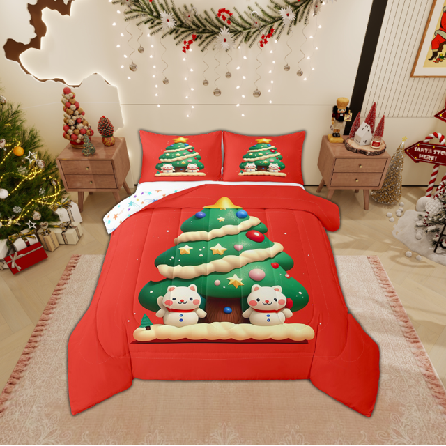 Erosebridal Kawaii Xmas Tree Bedding Full Comforter Set, Red Green Christmas Down Comforter, Reversible 3pcs