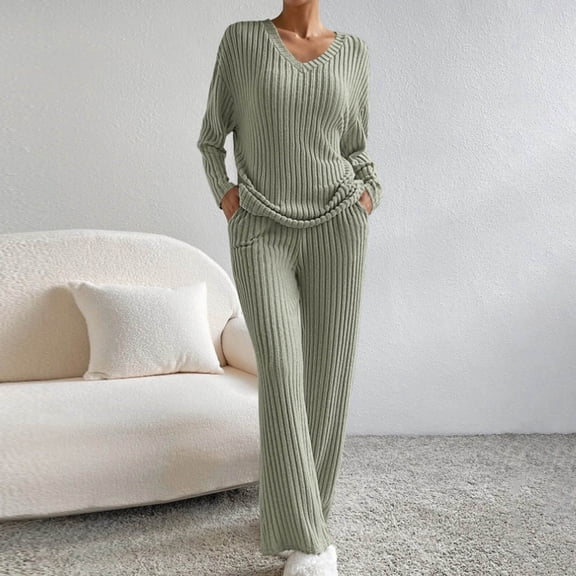 Two Piece Sets for Women Casual Fall V Neck Lounge Sets Long Sleeve Tops Wide Leg Pants Vacation Travel Outfits