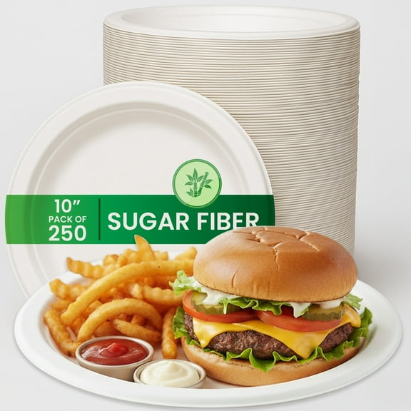FPN Disposable Round Plates 250pcs 10in, Compostable Sturdy, Microwave & Freezer Safe, Tableware for Parties, Events