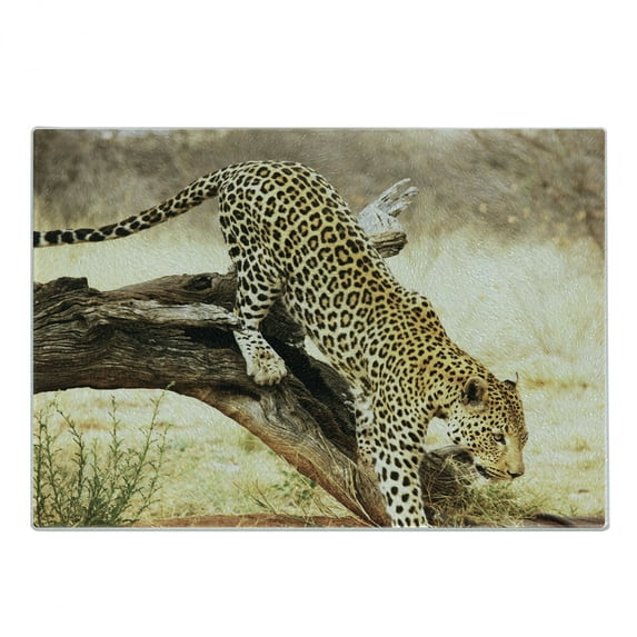 Safari Cutting Board, Leopard on Tree Trunk Desert Plants Exotic Hunter Predator Big Cat Image, Decorative Tempered Glass Cutting and Serving Board, Small Size, Yellow Green Brown, by Ambesonne