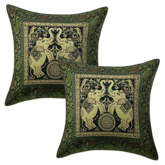 Stylo Culture Indian Decorative Throw Pillow Covers 16 x 16 Jacquard Dark Green Square 40cm x 40cm Home Decor Brocade Elephant Zippered Cushion Covers | Set Of 2