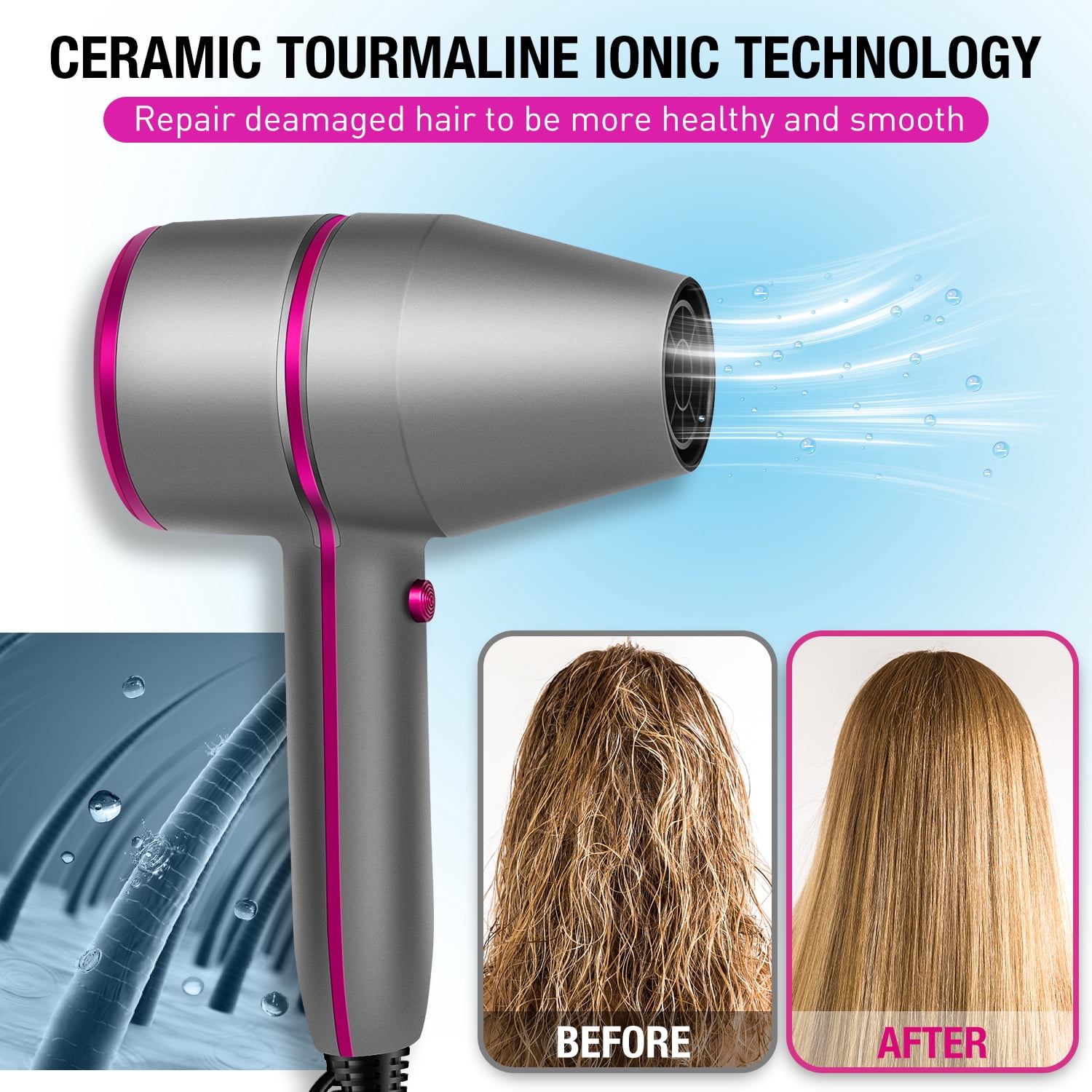 1875W Compact Ionic Hair Dryer for Fast Drying Frizz Control & Shiny Hair, Quiet & Compact for Home & Travel (Dark Grey)