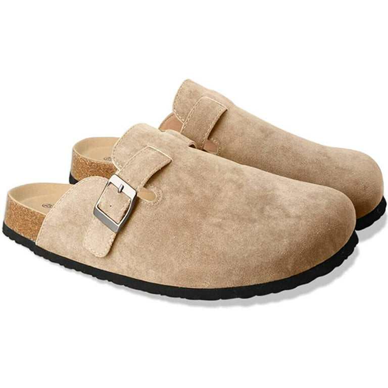 Women Boston Clogs Suede Soft Leather Clogs Classic Cork Clog Antislip Sole  Slippers Waterproof Mules House Sandals with Arch Support and Adjustable  Buckle Unisex 