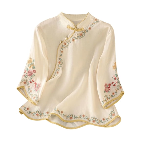 Womens Shirts V Neck 3/4 Sleeve Button Loose Summer Tshirts Shirts for Women Beige L