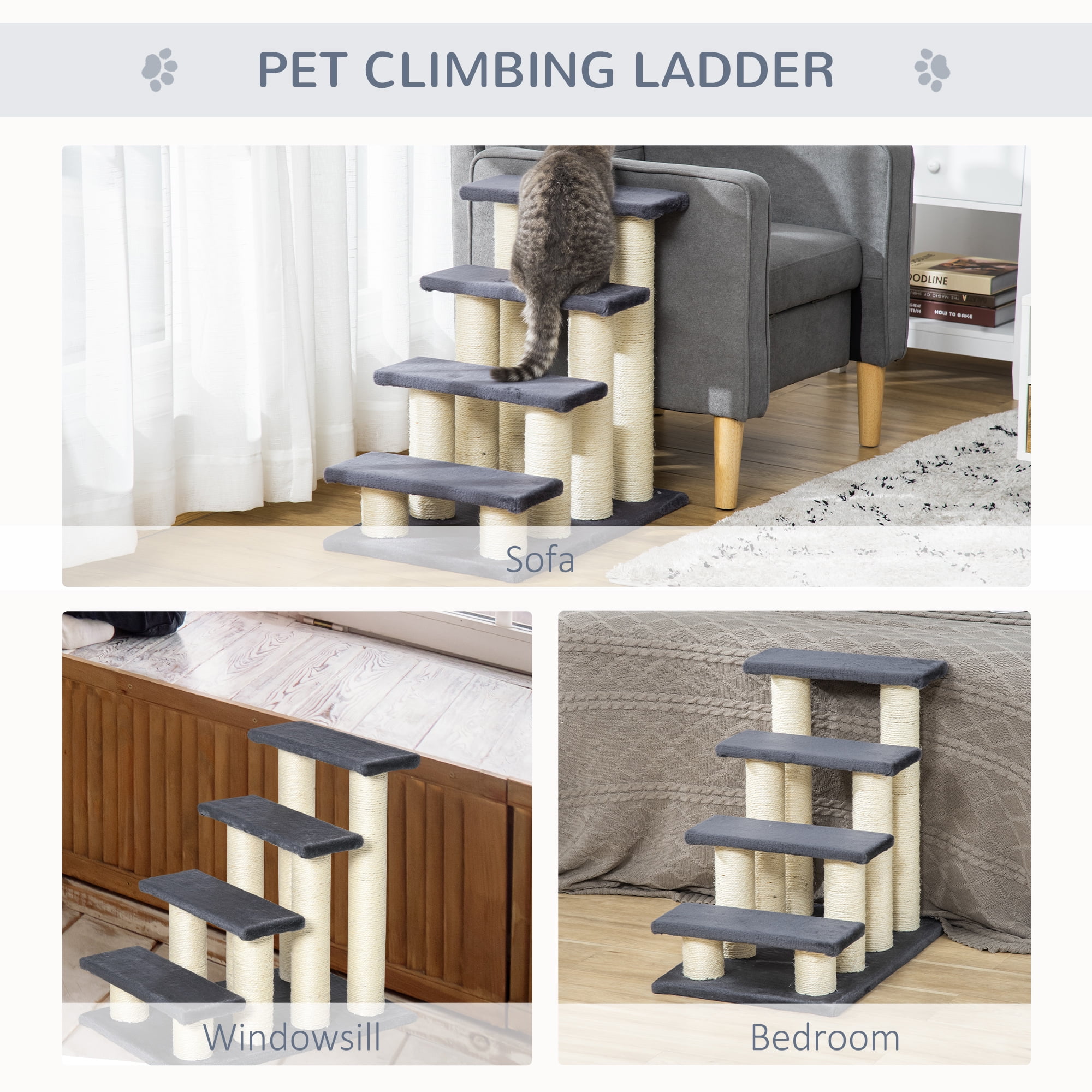 PawHut Cat Tree with 4 Stair Steps for High Beds w/ Sisal Scratching Post