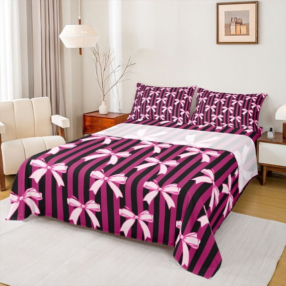 jejeloiu Cute Bowtie Bow Twin Sheet Sets,Pink Black Stripe Bedding For Girls Kids 3 Pieces