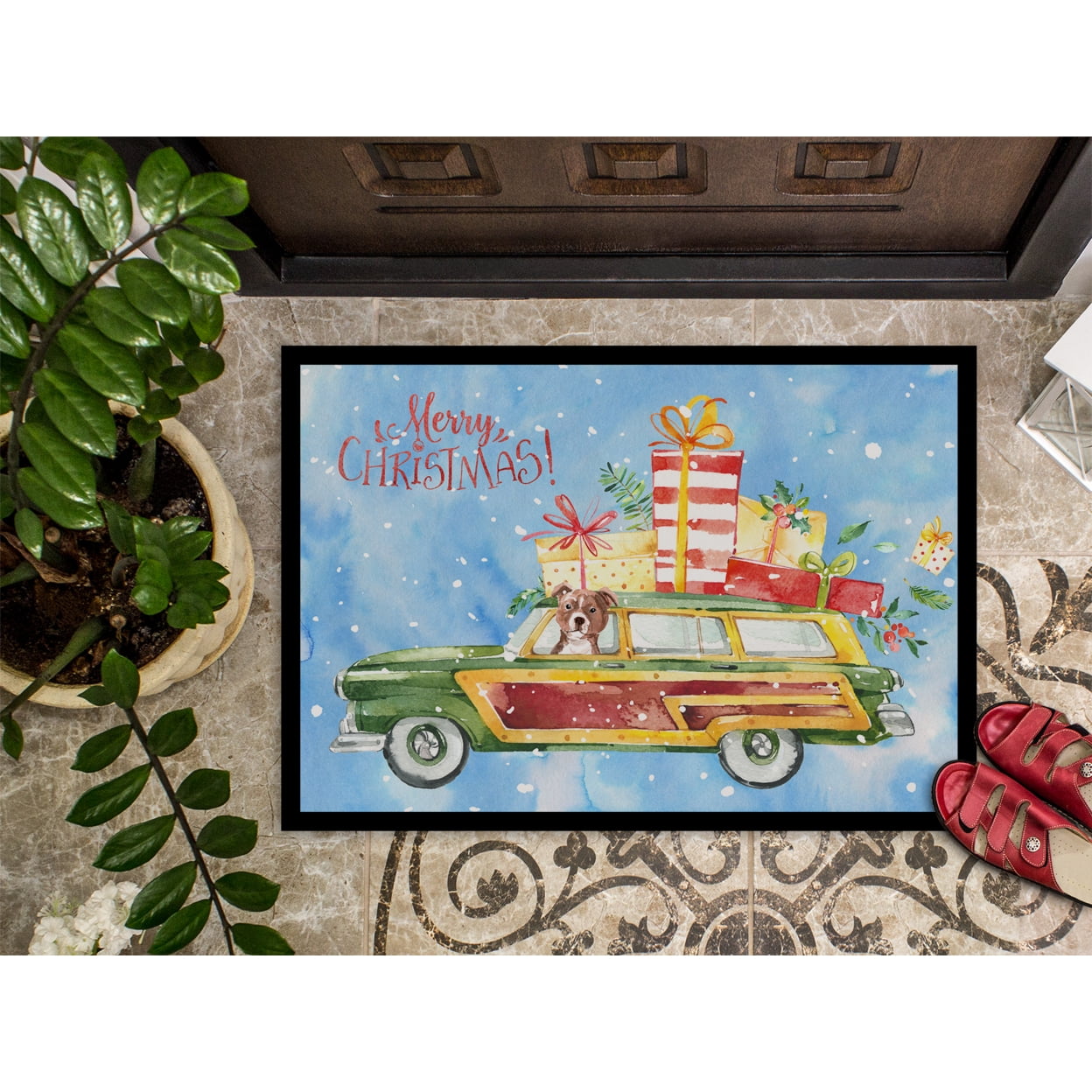 Merry Christmas Red Staffie Bull Terrier Doormat 24x36