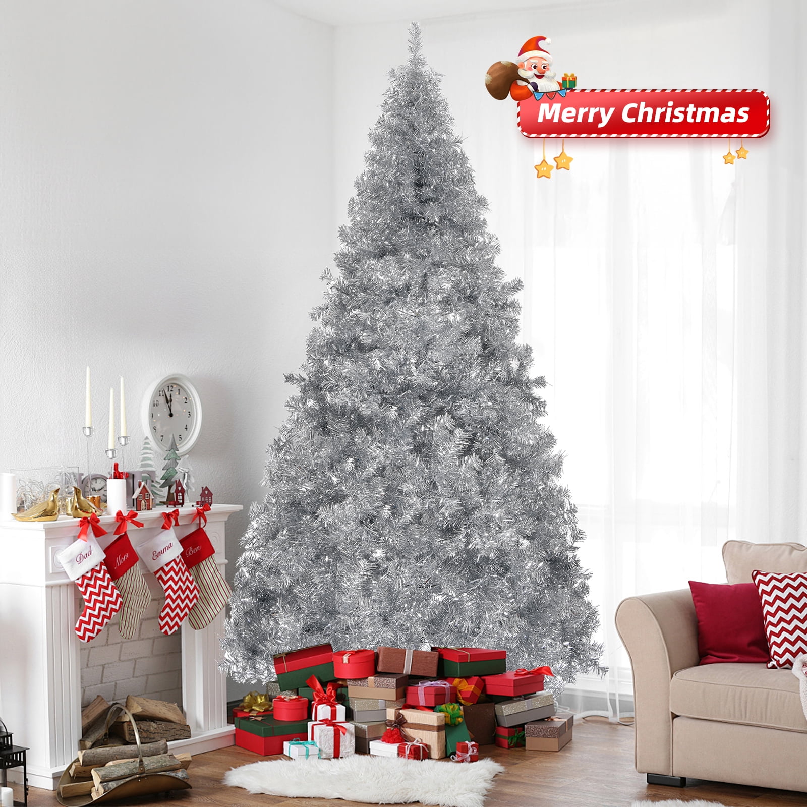 7 FT Artificial Christmas Tree, Unlit Hinged Christmas Pine Tree with 1250 Branch Tips and Sturdy Metal Stand, Silver