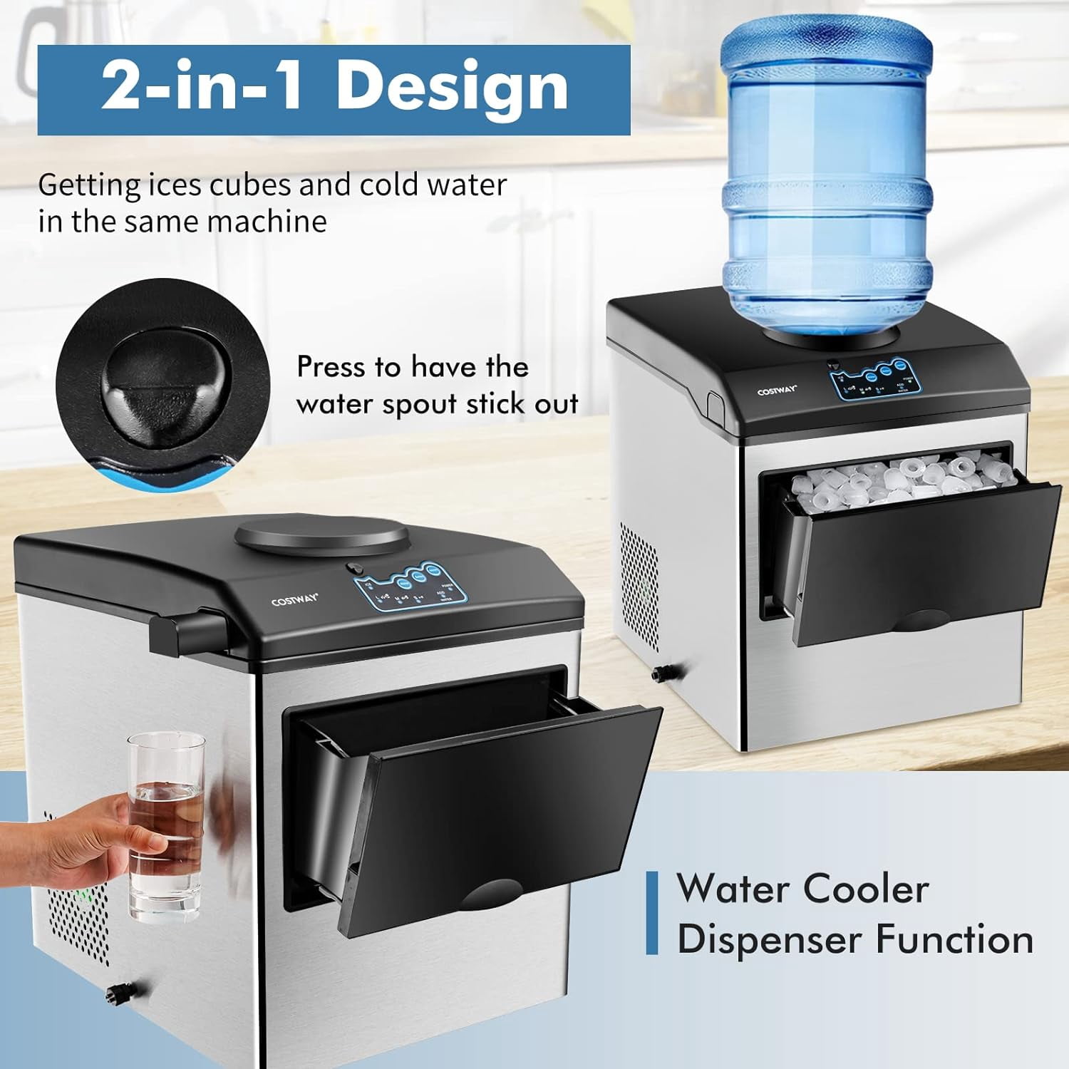 2-in-1 Stainless Steel Ice Maker with Water Dispenser, Daily 48LBS Ice Production, Portable Countertop Ice Machine, Adjustable Ice Size, Fast Ice Making & Cold Water Dispensing for Home Kitchen Offic