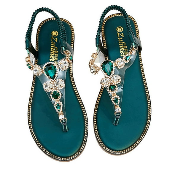 1 par de sandalias de verano para mujer, planas, con diamantes de imitación, estilo bohemio, para mujer y niña (verde oscuro, talla 38, 24 cm, 7 EE. UU., 4,5 Reino Unido, 38 UE, 9,432 pulgadas)